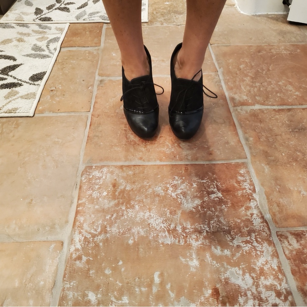Furla Black High Heel Booties, Tie Up, Felt & Leather, Size 39